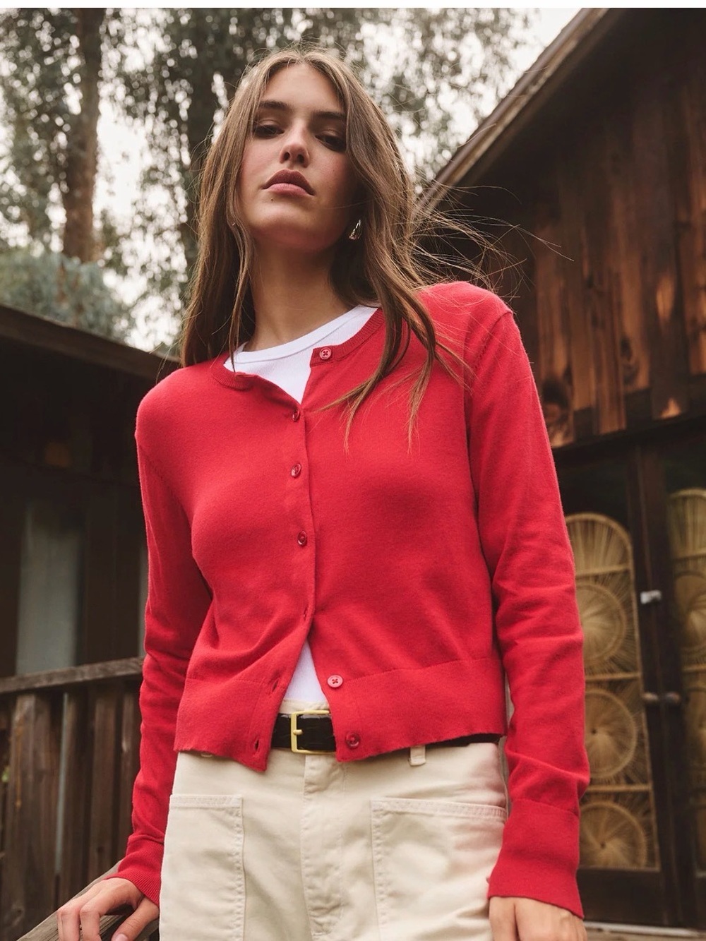 Red Cotton Button-Front Women's Sweater - Classic Crew Cardigan